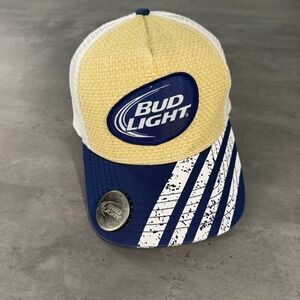 Bud Light SnapBack Hat Blue Khaki Tan Woven Straw Bottle Opener Trucker Cap‎